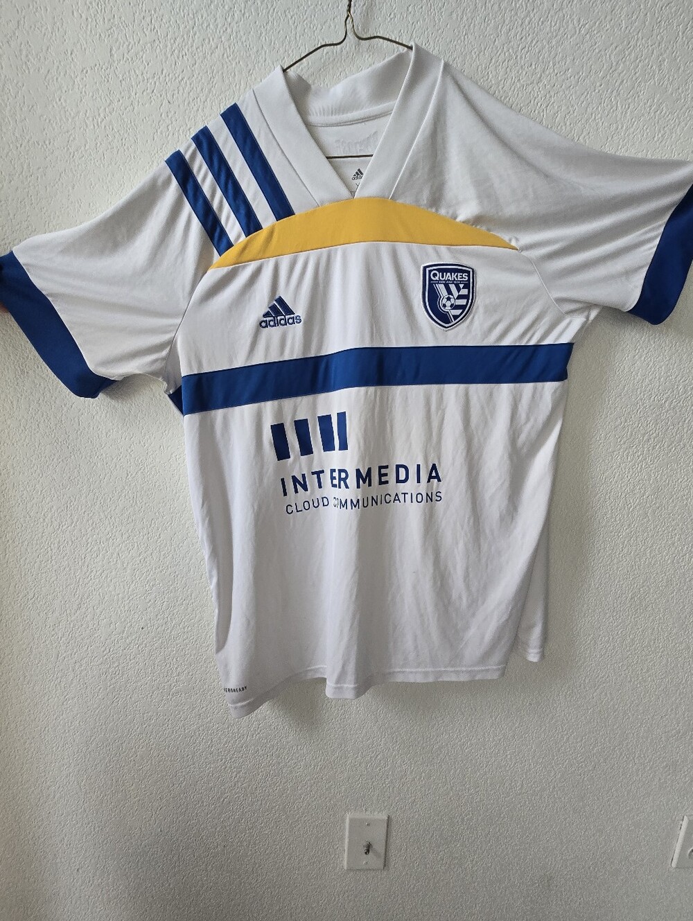 Adidas White Blue and Yellow Soccer Jersey